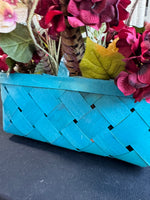 Faux Florals & Feathers Arrangement in Turquoise Wooden Woven Basket