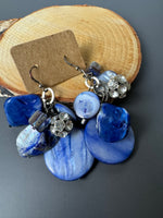 Blue Dyed Shell & Rhinestone Accented Silver Tone Cluster Drop Earrings