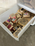 100+ Rubber Stamps in Sterilite 3 Drawer Plastic Rolling Storage Bin (B)