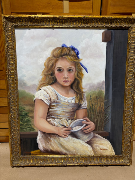 Girl with Blue Ribbon Painting Signed Germaine (Germaine Curry)