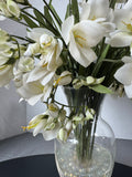 Faux White Freesia in Glass Vase with Marbles