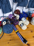 Knitted Scarf And Yarn Skein Lot With Knitting Needles