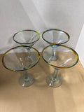 Mexican Hand Blown Glass With Confetti Rim Margarita Glasses And Pitcher — 5 Pieces