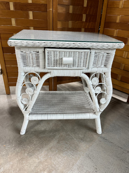 White Wicker Side Table with Drawer; Comes with protective glass