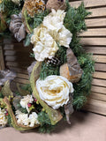 Rustic Woodland Wreath – With Cream Flowers, Pinecones & Greenery