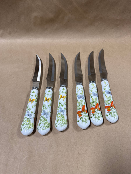 Set Of 6 Porcelain Handle Butterfly Prill Steak Knives