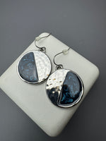 Blue Swirl & Hammered Silver Tone Disc Earrings