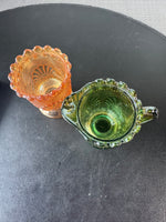 Westmoreland Shell & Jewel Green and Amber Carnival Glass Creamer & Sugar Bowl