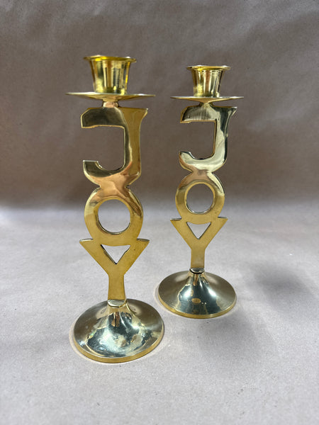 Pair Of Joy Christmas Candlestick Holders