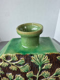 Green Crackled Gingko Leaf Embossed Glazed Pottery Vase
