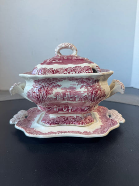 (AA) Mason’s England Vista Pink China Lidded Sauce Boat with Underplate