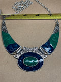 Silver Necklace with Blue & Green Enameled Bib