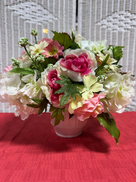 Pink & White Faux Floral Arrangment in White Ceramic Pot