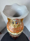Japanese Vintage Satsuma Style Large Porcelain Fluted Vase on Wooden Stand