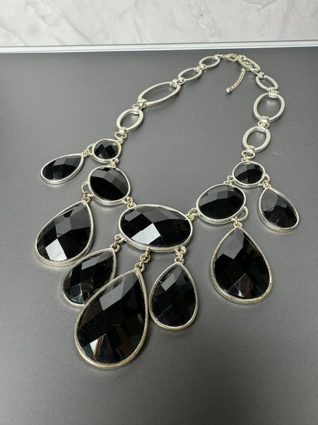 Black Faceted Teardrop Silver Tone Statement Necklace