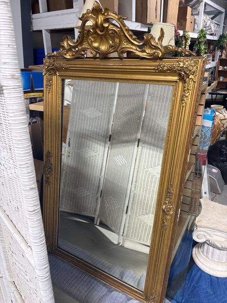 Extra Large Vintage Gold Framed Mirror with Floral Embellishments & Crest