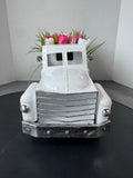 White Metal Pickup Truck with Faux Tulips
