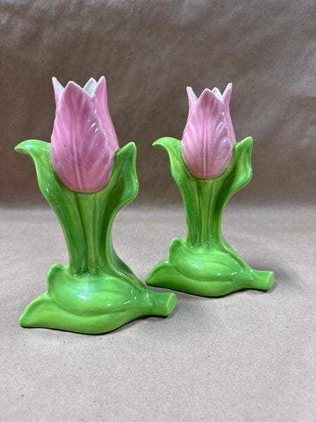Pair Of Pink And Green Tulip Vases
