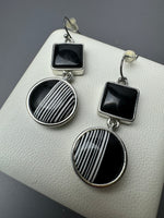 Black & White Geometric Silver Tone Drop Earrings