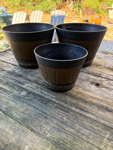 Trio of Barrel Style Plastic Planters