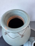 Pair of Heavyweight Gray Blue Pottery Vases with Wire Accents