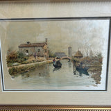 Pair of Canal Scenes on Fabric / Gold Frames