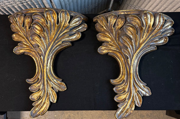 Pair of Vintage Regency Gilt Laurel Large Wall Brackets