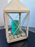 Distressed Cream Metal Lantern with River Rocks & Pillar Candle