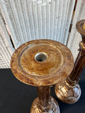 Pair of Bronze Look Ornate Pacific Rim Candlesticks with Pillar Candles