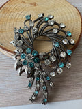 Blue & White Rhinestone Silver Tone Spray Wreath Brooch