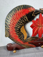 Hand Carved & Painted Dual Fish Lotus Wooden Wall Hanging with Pegs