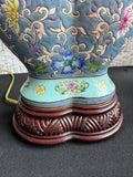 Pair of Asian Inspired Blue Floral Ceramic & Wooden Lamps (WORKS)
