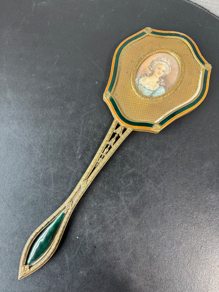 Brass & Green Enamel Vintage Edwardian Style Repousse Beveled Hand Mirror