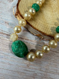 Faux Champagne Pearl & Carved Green Stone Vintage Necklace