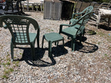 (3) Plastic Patio Chairs with (2) Plastic Side Tables