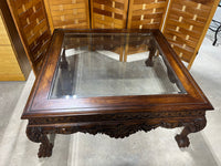Square Carved Wood & Glass Coffee Table