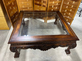 Square Carved Wood & Glass Coffee Table