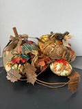 Lot of 5 Bohemian Patchwork Fabric Pumpkins with Rustic Metal Leaf Garland