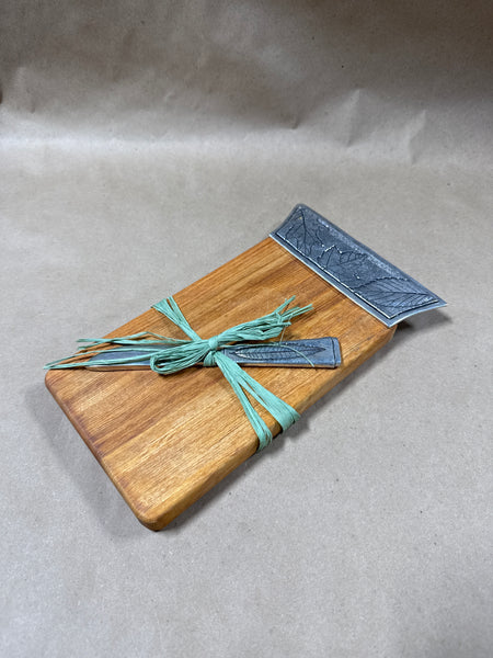 Wood Cheese Board With Silver Leaf End And Silver Knife