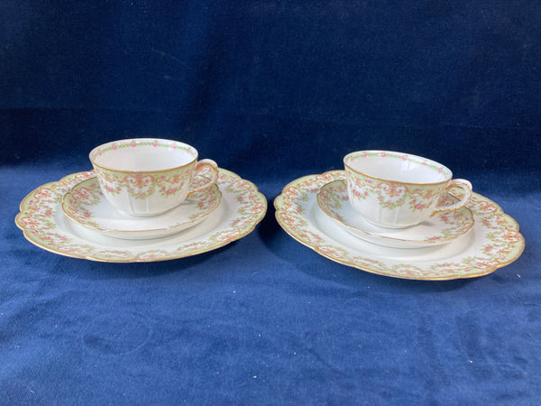 Pair of P.L. Limoges France Pink Roses Tea Trios