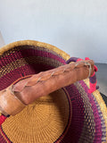 Pink & Purple Woven African Bolga Basket with Leather Wrapped Handle