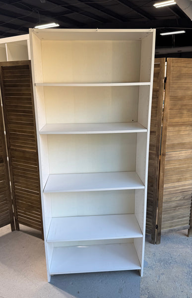 (B) White 5-Shelf Particle Board Bookcase