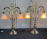 Pair of Victorian Style Brass Tone Dual Arm Vintage Lamps with Frosted Shades (WORKS)