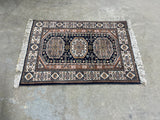 Small Handwoven Rug, 39"x25", (navy/cream/salmon pink)