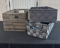 Trio of Gray Storage Baskets: Woven Plastic & Fabric