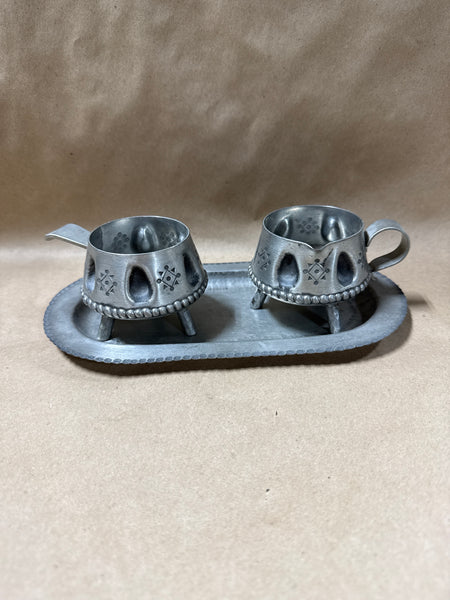 Norwegian Pewter Sugar And Creamer With Tray — Signed
