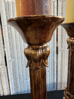 Pair of Bronze Look Ornate Pacific Rim Candlesticks with Pillar Candles