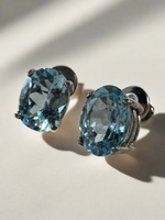 3.50 Carat Oval Faceted Natural Aquamarine Silver Earrings