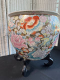 Chinese Floral & Koi Ceramic Fishbowl Planter with Wooden Stand