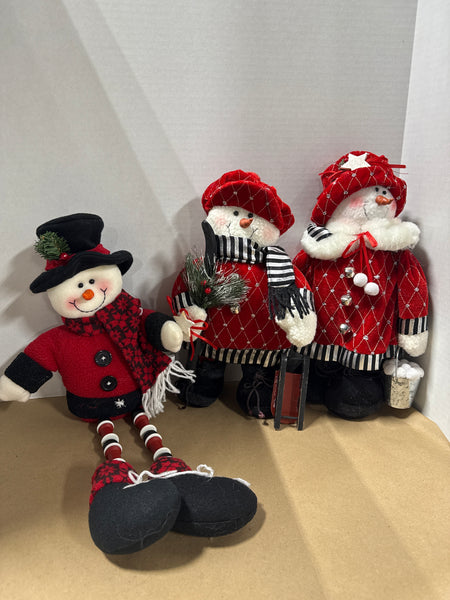 Lot Of 3 Red Black And White Snowmen